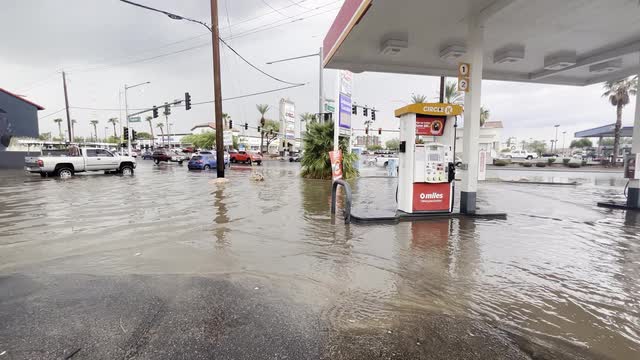 Las Vegas Review Journal News | Flooded gas station in east Las Vegas on Friday, Sept. 1, 2023. (Madeline Carter/Las Vegas Review-Journal)