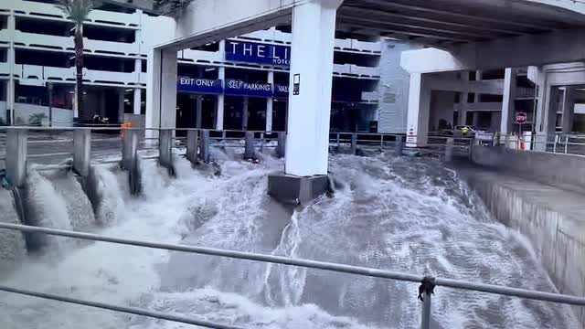 Las Vegas Review Journal News | Flood channel at rear of Linq Hotel takes floodwater on Friday, Sept. 1, 2023. (Kevin Arce)