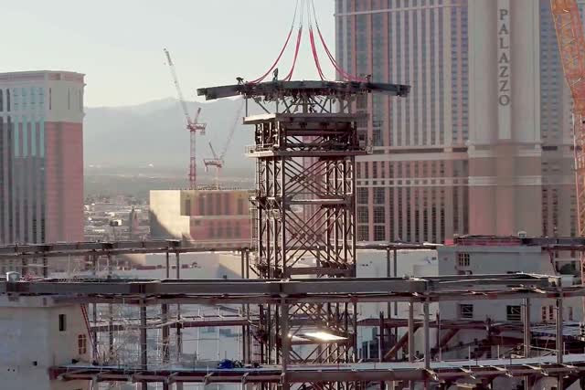 Las Vegas Review Journal News | Construction crews install MSG Sphere compression ring.