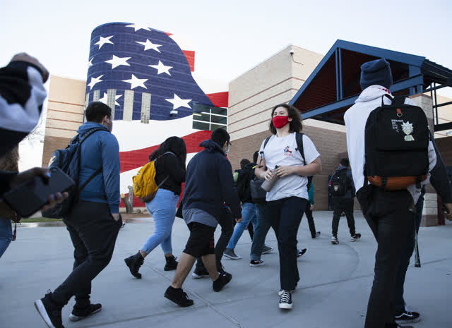 Las Vegas Review Journal News | Liberty High School Principal Derek Bellow greets students